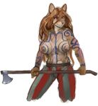  2023 abs anthro areola axe banoncat bared_teeth big_areola big_breasts breasts canid canine canis celtic_tattoos clothed clothing domestic_dog female fur_tattoo hair holding_object holding_weapon long_hair mammal purple_eyes simple_background topless topless_anthro weapon white_background 