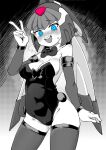 1girl absurdres bare_shoulders blue_eyes blush breasts breath buzzlyears cleavage cowboy_shot detached_sleeves fairy_leviathan_(mega_man) forehead_jewel helmet highres leotard looking_at_viewer medium_breasts mega_man_(series) mega_man_zero_(series) monochrome open_mouth skindentation solo spot_color thighhighs upper_body 