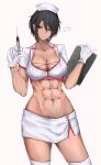  1girl :q abs absurdres black_hair blue_eyes breasts chest_strap cleavage clipboard cropped_shirt dark-skinned_female dark_skin earrings hair_between_eyes hat heart highres holding holding_clipboard holding_syringe jewelry large_breasts looking_at_viewer miniskirt muscular muscular_female navel nurse nurse_cap original shirt simple_background skirt smile solo stomach stud_earrings syringe thighhighs thighs tongue tongue_out white_shirt white_skirt white_thighhighs yakan_(mihag3000) 
