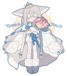  ^_^ animal_ear_fluff animal_ears ascot asymmetrical_legwear blue_bow blue_ribbon blue_sash boots bouquet bow bowtie brown_footwear closed_eyes coat coat_on_shoulders commission crown flower fox_ears fox_girl fox_tail frilled_vest frills full_body fur-trimmed_boots fur-trimmed_coat fur_trim gloves grey_hair hair_between_eyes hair_bow hair_ornament hair_ribbon hair_scrunchie hands_up high_collar highres holding holding_bouquet large_ears large_tail long_hair looking_at_viewer low_twintails nonaprev original red_eyes ribbon rose sakurada_shiro_(hy_plus) sakurada_shiro_(royal)_(hy_plus) sash scrunchie shoulder_sash simple_background single_bare_leg single_sock skeb_commission smile socks standing straight-on tail thank_you thighhighs twintails uneven_legwear very_long_hair vest white_background white_coat white_flower white_gloves white_hair white_rose white_socks white_thighhighs white_unitard zettai_ryouiki 