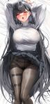  1girl :o arms_up black_bra black_hair black_pantyhose blue_archive blush bra bra_visible_through_clothes breasts dakimakura_(medium) halo highres kawai_(purplrpouni) large_breasts long_hair long_sleeves lying on_back open_mouth pantyhose ribbed_sweater rio_(blue_archive) solo sweater thigh_strap thighs turtleneck turtleneck_sweater underwear white_sweater 