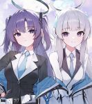  2girls absurdres black_gloves blue_archive blue_necktie blush breasts closed_mouth collared_shirt gloves grey_hair halo highres huhi_(huhi_1211) jacket large_breasts long_hair long_sleeves looking_at_viewer mechanical_halo multiple_girls necktie noa_(blue_archive) purple_eyes purple_hair shirt smile two-sided_fabric two-sided_jacket two_side_up white_jacket white_shirt yuuka_(blue_archive) 