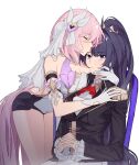 2girls absurdres bare_shoulders bent_over black_shorts black_vest breasts brooch cleavage closed_mouth clothing_cutout detached_sleeves elbow_gloves elysia_(herrscher_of_human:ego)_(honkai_impact) elysia_(honkai_impact) gloves hair_between_eyes heart heart_brooch highres honkai_(series) honkai_impact_3rd hug jewelry kiss kissing_forehead large_breasts legs long_hair looking_at_viewer multiple_girls on_chair own_hands_together pink_hair ponytail purple_eyes purple_hair quanx70909457 raiden_mei shirt short_shorts short_sleeves shorts side_cutout sitting very_long_hair vest white_background white_gloves white_shirt white_veil 