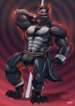  2023 abs anthro barazoku biceps big_muscles biped black_body black_fur bulge canid canine canis clothed clothing detailed_bulge dragon fur glaucablitz hi_res hybrid jockstrap jockstrap_only male mammal muscular muscular_anthro muscular_male mythological_creature mythological_scalie mythology nipple_chain nipple_piercing nipple_ring nipples pecs piercing ring_piercing scalie solo standing topless underwear underwear_only wolf 