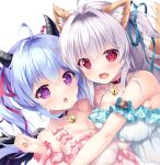  2girls ahoge animal_ear_fluff animal_ears aqua_dress aqua_ribbon bare_shoulders bell black_choker blue_hair blush bow breast_press breasts chestnut_mouth choker cleavage commentary_request demon_girl demon_horns dress dutch_angle eyelashes eyes_visible_through_hair fang fox_ears fox_girl frilled_dress frills grey_hair hair_between_eyes hair_intakes hair_ribbon hand_up highres horns hug jingle_bell kyuubi_(sennen_sensou_aigis) large_breasts lock long_hair looking_at_viewer mikeou miruno_(sennen_sensou_aigis) multiple_girls open_mouth pink_bow pink_dress pink_wrist_cuffs purple_eyes red_eyes red_ribbon ribbon sennen_sensou_aigis simple_background symmetrical_docking twintails twitter_username two_side_up upper_body white_background wrist_cuffs 