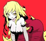  1girl akableak all_fours bare_shoulders blonde_hair breasts cleavage commentary dress elbow_gloves flat_color gloves highres kiss-shot_acerola-orion_heart-under-blade kizumonogatari large_breasts long_hair looking_at_viewer md5_mismatch monogatari_(series) oshino_shinobu pointy_ears red_background red_dress simple_background smile solo yellow_eyes 