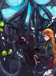  1girl ahoge black_bodysuit blunt_bangs bodysuit breasts copyright_name elbow_pads from_side full_body glasses goggles grin highres holding holding_goggles kitemaple knee_pads long_hair looking_at_viewer orange_hair persona persona_5 red_eyes sakura_futaba skin_tight small_breasts smile solo tentacles unworn_goggles very_long_hair 