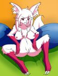  anthro bed big_breasts breasts canid canine canis charlie_(nikku_lunatique) chest_tuft claws fangs female fox fur furniture genitals gloves_(marking) hair hi_res inner_ear_fluff leg_markings looking_at_viewer mammal markings messy_hair nikku_lunatique nipples nude pillow pink_body pink_eyes pink_fur pussy socks_(marking) solo tuft white_body white_claws white_fur white_hair 