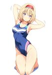  1girl alice_margatroid alternate_costume arms_behind_head blonde_hair blue_eyes blush breasts competition_swimsuit hairband highres kneeling kyanta5354 looking_at_viewer one-piece_swimsuit simple_background small_breasts solo swimsuit touhou white_background 