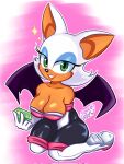  anthro armwear bat boots breasts chaos_emerald cleavage clothed clothing elbow_gloves eyeshadow female fingers footwear fur gem gloves green_eyes handwear hi_res high_heeled_boots high_heels holding_object looking_at_viewer makeup mammal narrowed_eyes rouge_the_bat sega signature simple_background sitting solo sonic_the_hedgehog_(series) speedynsfw tan_body tan_skin white_body white_fur wings 