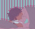  1boy absurdres aqua_background arrow_(projectile) avogado6 blanket collared_shirt from_side highres long_sleeves male_focus on_bed open_mouth phone pillow purple_hair shirt short_hair sleepy solo under_covers white_shirt 