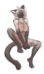  2022 anthro banoncat bent_legs big_breasts breasts claws covering covering_crotch domestic_cat felid feline felis female fur hi_res looking_aside mammal multicolored_body multicolored_fur nude_anthro siamese simple_background solo toe_claws two_tone_body two_tone_face two_tone_fur white_background 