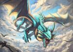  bird claws cloud crow dragon fantasy flying highres horns monster no_humans open_mouth original outdoors robuja scales sharp_teeth sky tail teeth western_dragon wings 