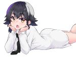  1girl bangs black_hair braid brown_eyes commentary dress_shirt eyebrows_visible_through_hair girls_und_panzer head_rest highres kimi_tsuru long_sleeves looking_at_viewer lying necktie no_pants on_stomach open_mouth pepperoni_(girls_und_panzer) shirt short_hair side_braid simple_background solo white_background white_shirt 