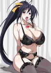  1girl ahoge antenna_hair arm_behind_back black_bra black_garter_belt black_hair black_panties bra breasts chest_tattoo cleavage collarbone garter_belt hair_intakes hair_ribbon hand_on_own_chest high_ponytail high_school_dxd highres himejima_akeno huge_breasts lingerie long_hair looking_at_viewer no_shoes open_mouth panties ponytail purple_eyes ribbon seiza sidelocks sitting solo tattoo thighhighs tongue tongue_out underwear underwear_only very_long_hair yellow_ribbon yxyyxy 