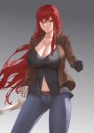  1girl absurdres alternate_costume belt black_gloves black_shirt blue_pants breasts brown_belt brown_eyes brown_jacket casual cleavage denim erza_scarlet fairy_tail freed_turing gloves grey_background highres holding holding_sword holding_weapon jacket jeans large_breasts navel pants red_hair shirt solo sword weapon 