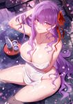  1girl absurdres bare_shoulders bb_(fate) bb_(fate/extra) blush breasts cleavage collarbone fate/extra fate/extra_ccc fate/grand_order fate_(series) hair_ribbon highres large_breasts long_hair looking_at_viewer m-da_s-tarou naked_towel nude pregnant purple_eyes purple_hair red_ribbon ribbon sitting smile soaking_feet solo thighs tongue tongue_out towel very_long_hair water wet 