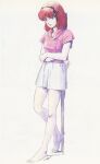 1980s_(style) 1girl barefoot crossed_arms gaw_ha_leecee grin headgear highres juusenki_l-gaim kitazume_hiroyuki leaning_back looking_at_viewer official_art production_art promotional_art red_hair retro_artstyle scan science_fiction shorts signature smile traditional_media 