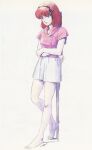 1980s_(style) 1girl barefoot crossed_arms gaw_ha_leecee grin hair_ribbon highres juusenki_l-gaim kitazume_hiroyuki leaning_back looking_at_viewer official_art production_art promotional_art red_hair retro_artstyle ribbon scan science_fiction shorts signature smile traditional_media 