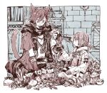  1boy 1girl :o animal_ears cat_ears cat_tail final_fantasy final_fantasy_xiv flour holding itowo_(itowc) lalafell miqo&#039;te mortar_(bowl) pants pestle red_eyes red_hair scarf sitting smile sparkling_eyes tail tail_raised vial warrior_of_light_(ff14) 