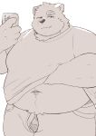 2024 anthro bear belly big_belly bottomwear cellphone clothed clothing clothing_lift cute_fangs electronics hi_res kemono male mammal metaporin navel overweight overweight_male pants phone shirt shirt_lift simple_background smartphone smile solo topwear underwear 