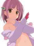  1girl arched_bangs breasts brown_eyes cardigan closed_mouth commentary curakuru gloves hair_ornament hairclip highres lacey_(pokemon) long_sleeves looking_at_viewer naked_cardigan navel nude pokemon pokemon_sv purple_cardigan red_gloves short_hair sidelocks simple_background single_glove small_breasts smile solo split_mouth white_background 