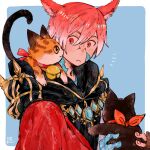  1boy animal animal_ears animal_on_shoulder bell blue_background border cat cat_ears cat_on_shoulder closed_mouth commentary_request crystal_exarch curled_tail dated final_fantasy final_fantasy_xiv g&#039;raha_tia holding holding_animal holding_cat itowo_(itowc) jingle_bell male_focus miqo&#039;te neck_bell notice_lines outside_border red_eyes red_hair simple_background solo white_border 