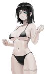  1girl absurdres artist_name bikini black_bikini black_hair blue_eyes breasts cleavage cowboy english_commentary hands_up highres looking_at_viewer navel open_mouth original short_hair simple_background solo stomach swimsuit upper_body white_background yangie37 