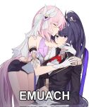  2girls bare_shoulders bent_over black_shorts black_vest breasts brooch cleavage closed_mouth clothing_cutout detached_sleeves elbow_gloves elysia_(herrscher_of_human:ego)_(honkai_impact) elysia_(honkai_impact) english_text gloves hair_between_eyes heart heart_brooch highres honkai_(series) honkai_impact_3rd hug jewelry kiss kissing_forehead large_breasts legs long_hair looking_at_viewer multiple_girls on_chair own_hands_together pink_hair ponytail purple_eyes purple_hair quanx70909457 raiden_mei shirt short_shorts short_sleeves shorts side_cutout sitting very_long_hair vest white_background white_gloves white_shirt white_veil 