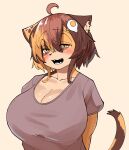  1girl ahoge animal_ear_fluff animal_ears animal_nose arm_behind_back bags_under_eyes blush breasts brown_eyes brown_fur brown_tail cleavage collarbone egg_hair_ornament fangs food-themed_hair_ornament grey_shirt hair_between_eyes hair_ornament hairclip highres huge_breasts kagarimachi_konatsu light_brown_background looking_at_viewer medium_hair multicolored_fur multicolored_hair nekotsuki_kohime_(kagarimachi_konatsu) open_mouth original shirt short_sleeves sidelocks simple_background slit_pupils solo t-shirt tail tareme upper_body yellow_fur yellow_tail 