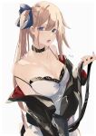  1girl black_choker black_jacket blonde_hair blue_eyes breasts choker cleavage commentary commentary_request dress fal_(girls&#039;_frontline) girls&#039;_frontline highres jacket looking_at_viewer off_shoulder open_clothes open_jacket open_mouth side_ponytail simple_background solo sutekina_awa teeth upper_body upper_teeth_only white_background white_dress 