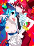  2girls @_@ absurdres apron arm_around_waist black_eyes blue_hair blue_nails breasts cleavage confetti dress drill_hair drooling gloves hatsune_miku highres kasane_teto large_breasts licking licking_breast long_hair mesmerizer_(vocaloid) mouth_drool multiple_girls nipples open_clothes open_mouth open_shirt pinstripe_dress pinstripe_hat pinstripe_pattern red_eyes red_hair red_suspenders sharp_teeth shirt small_breasts smiley_hair_ornament striped_clothes striped_shirt sweatdrop synthesizer_v teeth tongue tongue_out tridecagram twin_drills twintails utau virgo_(artist) visor_cap vocaloid white_apron yellow_gloves yuri 