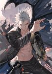  1boy abs blue_eyes closed_mouth coat devil_may_cry_(series) devil_may_cry_5 hair_slicked_back highres holding holding_sword holding_weapon katana looking_at_viewer male_focus muscular muscular_male open_clothes ruoruoqiuu solo sword vergil_(devil_may_cry) weapon white_hair yamato_(sword) 