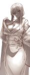  1girl absurdres bangs breasts casul cleavage clothes_lift fate/grand_order fate_(series) greyscale heart heart-shaped_pupils highres japanese_clothes kimono large_breasts long_bangs long_hair miss_crane_(fate) monochrome obi ponytail sash simple_background solo solo_focus symbol-shaped_pupils very_long_hair white_background 