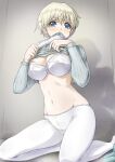  1girl absurdres blonde_hair blue_eyes blush bra brave_witches breasts cleavage clothes_lift highres large_breasts lifting_own_clothes looking_at_viewer memory_(prophet5) navel nikka_edvardine_katajainen pantyhose short_hair solo sweater sweater_lift underwear white_bra white_pantyhose world_witches_series 