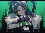  animal_ears black_hair crown dress fur_collar gloves hand_on_own_face highres horse_ears horse_girl king_(vocaloid) king_halo_(umamusume) misonikomi namesake pun red_eyes side_ponytail sitting smirk throne umamusume 