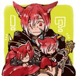  !? 1boy animal_ears cat_ears closed_mouth crystal_exarch final_fantasy final_fantasy_xiv g&#039;raha_tia holding holding_staff itowo_(itowc) lowres male_focus mini_person miniboy multiple_persona red_hair short_hair staff sweatdrop upper_body 