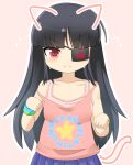  1girl animal_ears black_hair blunt_bangs blush bra breasts cat_ears cat_tail closed_mouth commentary_request cowboy_shot drawn_ears drawn_tail expressionless eyepatch frilled_bra frills hime_cut lets0020 long_hair looking_at_viewer medium_bangs mirai_(senran_kagura) one_eye_closed paw_pose pink_background pink_bra pink_tank_top pleated_skirt purple_skirt red_eyes senran_kagura simple_background skirt small_breasts solo split_mouth strap_slip tail tank_top underwear v-shaped_eyebrows 
