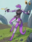  anthro anthrofied armor claws digitigrade dual_wielding female gun hi_res holding_object holding_weapon hungrydazzle lemurian lesser_wisp muzzle_flash outside ranged_weapon risk_of_rain risk_of_rain_2 solo_focus unconvincing_armor weapon yellow_eyes yellow_sclera 