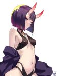  1girl bangs bare_shoulders bob_cut breasts collarbone eyeliner fate/grand_order fate_(series) horns japanese_clothes kimono long_sleeves looking_at_viewer makeup navel off_shoulder oni oni_horns purple_eyes purple_hair purple_kimono revealing_clothes short_hair shuten_douji_(fate) skin-covered_horns small_breasts solo spider_apple wide_sleeves 