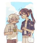  2girls absurdres bag bang_dream! bang_dream!_it&#039;s_mygo!!!!! belt blue_shirt blue_sky blush brown_hair brown_pants closed_eyes cloud collared_shirt commentary_request commission cup disposable_cup drink gampong44 highres holding holding_cup holding_drink kaname_raana long_hair looking_at_another medium_hair mixed-language_commentary mole mole_under_eye multiple_girls open_clothes open_mouth open_shirt outdoors pants ponytail second-party_source shiina_taki shirt shopping_bag short_sleeves sky sweat thai_commentary v-shaped_eyebrows white_background white_shirt 