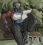  abs absurd_res bench blue_body blue_skin breasts camel_toe clothed clothing drawing faceless female flannel hi_res holding_object holding_pen humanoid machine object0fdesire park park_bench pen public robot solo 