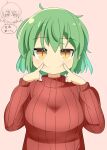  1girl blush breasts closed_mouth commentary_request forced_smile green_hair highres hikage_(senran_kagura) large_breasts lets0020 long_sleeves looking_at_viewer medium_bangs pink_background red_sweater senran_kagura short_hair simple_background slit_pupils smile solo sweater translation_request upper_body yellow_eyes 