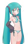  1girl aqua_hair aqua_necktie batrobin_k bikini blush breasts closed_mouth detached_sleeves flying_sweatdrops green_eyes hair_between_eyes hair_ornament hand_on_own_hip hatsune_miku headset highres long_hair looking_at_viewer loose_bikini micro_bikini necktie side-tie_bikini_bottom simple_background sleeves_past_fingers sleeves_past_wrists small_breasts solo striped_bikini striped_clothes sweat swimsuit twintails very_long_hair vocaloid white_background wide_sleeves 