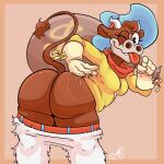 anthro big_butt black_eyes blue_clothing blue_hat blue_headwear bottom_heavy bottomwear bottomwear_down bovid bovine breasts brown_body brown_fur butt butt_slap cattle clothed clothing cowboy_hat cuphead_(game) esther_winchester_(cuphead) eyelashes female fur handwear hat head_tuft headgear headwear hi_res holding_object horn huge_butt looking_at_viewer mammal money_bag mooning n0b0dy one_eye_closed pants pants_down partially_clothed pink_background rear_view red_scarf scarf simple_background slap small_breasts solo spanking tail tail_tuft tan_body tan_clothing tan_fur tan_gloves tan_handwear thick_thighs tongue tongue_out topwear tuft white_bottomwear white_clothing white_horn white_pants wide_hips wink winking_at_viewer yellow_clothing yellow_topwear