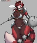  2024 ailurid anthro arm_armor armor artist_name big_breasts bikini_armor black_nose blush breasts brown_body brown_eyes brown_fur cleavage clothed clothing colored dialogue digital_media_(artwork) english_text facial_markings female fur grey_background hair hair_over_eye head_markings hi_res hip_armor holding_melee_weapon holding_object holding_shield holding_sword holding_weapon leg_armor mammal markings melee_weapon monotone_background monotone_hair navel one_eye_obstructed ponytail red_body red_fur red_hair red_panda remilust shaded shield simple_background solo speech_bubble striped_markings striped_tail stripes sword tail tail_markings text thick_thighs unconvincing_armor weapon white_body white_fur wide_hips year 