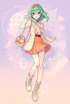  1girl :d a.i._voice bag black_choker blush boots bow brown_bow choker commentary_request cross-laced_footwear frilled_sleeves frills full_body glasses green_eyes green_hair gumi hairband hand_up handbag highres jacket lace-up_boots looking_at_viewer nou_(nounknown) open_clothes open_jacket orange_hairband orange_skirt plaid plaid_bow pleated_skirt red-framed_eyewear semi-rimless_eyewear shirt shoulder_bag skirt smile solo sweater_vest teeth under-rim_eyewear upper_teeth_only vocaloid white_footwear white_jacket white_shirt 