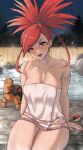  1girl :d breasts collarbone flannery_(pokemon) high_ponytail highres large_breasts long_hair looking_at_viewer murkrow naked_towel night night_sky onsen outdoors patreon_username poke_ball pokemon pokemon_(creature) pokemon_oras red_eyes red_hair ryuuneart sitting sky smile thighs torkoal towel wet 