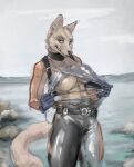  2023 abs anthro banoncat belt_buckle big_breasts breasts buckle canid canine canis clothing coyote female gloves handwear harness hi_res looking_at_viewer mammal presenting presenting_breasts shoreline sky skyscape solo toothy_grin wetsuit 
