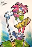  2019 4_fingers anthro blue_sneakers bottomwear classic_sonic_(universe) clothed clothed_anthro clothed_female clothing colored conjoined_eyes countershade_face countershading dancewear day_count english_text eulipotyphlan exclamation_point eyelashes female female_anthro fingers fur gloves grin hair hammer handwear hedgehog hi_res inktober inktober_2019 leaning_on_hammer leaning_on_weapon mammal melee_weapon pen_(artwork) pink_body pink_fur pink_hair pink_quills pink_tail rosy_the_rascal_(archie) sega skirt smile solo sonic_the_hedgehog_(series) tail teeth text tools toontober toxicsoul77 traditional_media_(artwork) tutu weapon white_clothing white_gloves white_handwear yellow_body yellow_bottomwear yellow_clothing yellow_countershading yellow_inner_ear yellow_skirt 